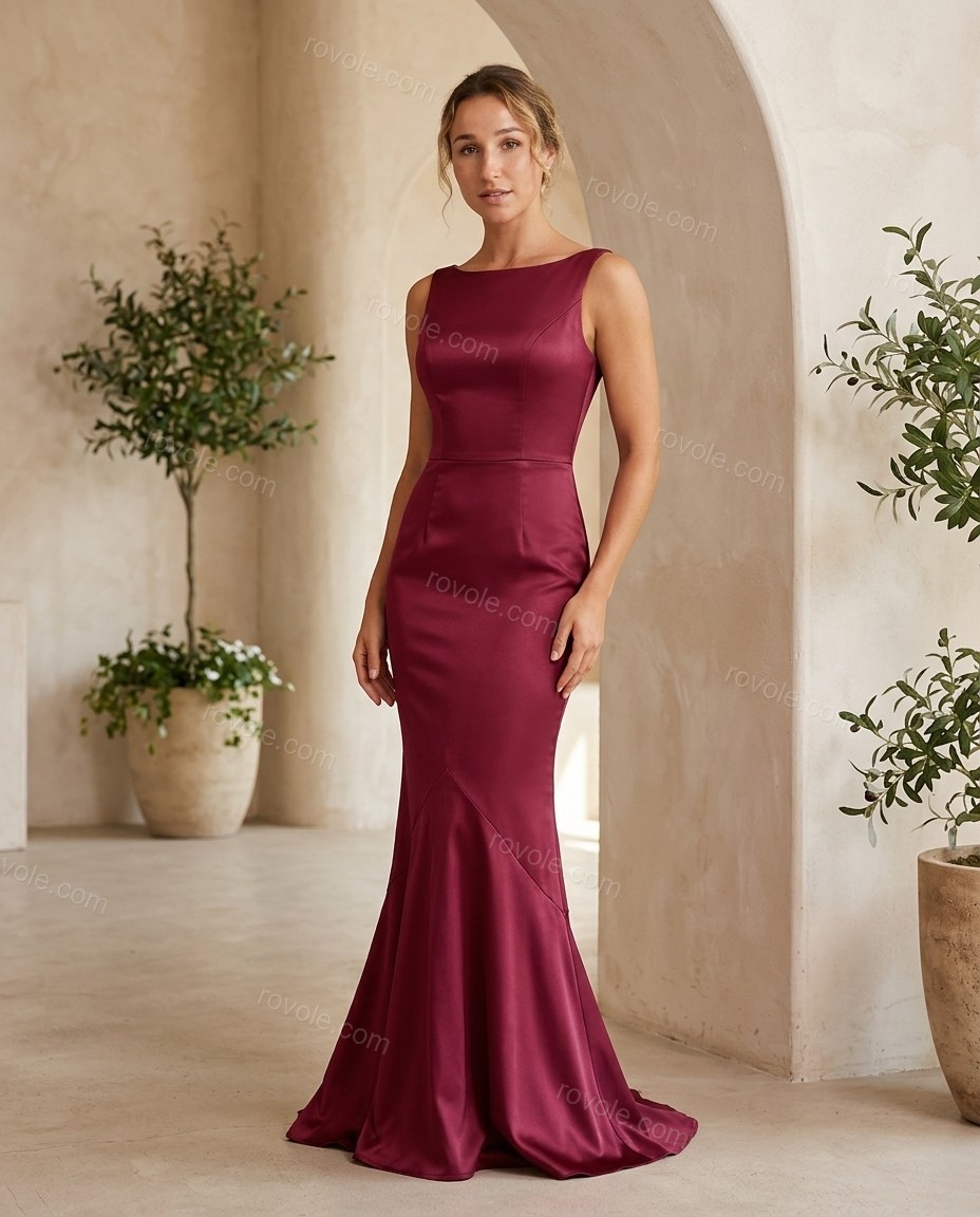 Burgundy Maxi Ruffled Satin Dress, full-length hero view, by rovole.com