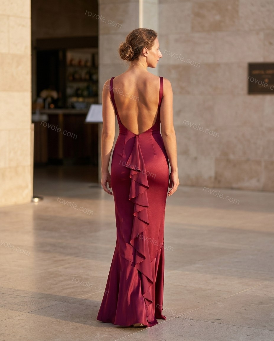 Burgundy Maxi Ruffled Satin Dress, movement and fit lifestyle view, by rovole.com