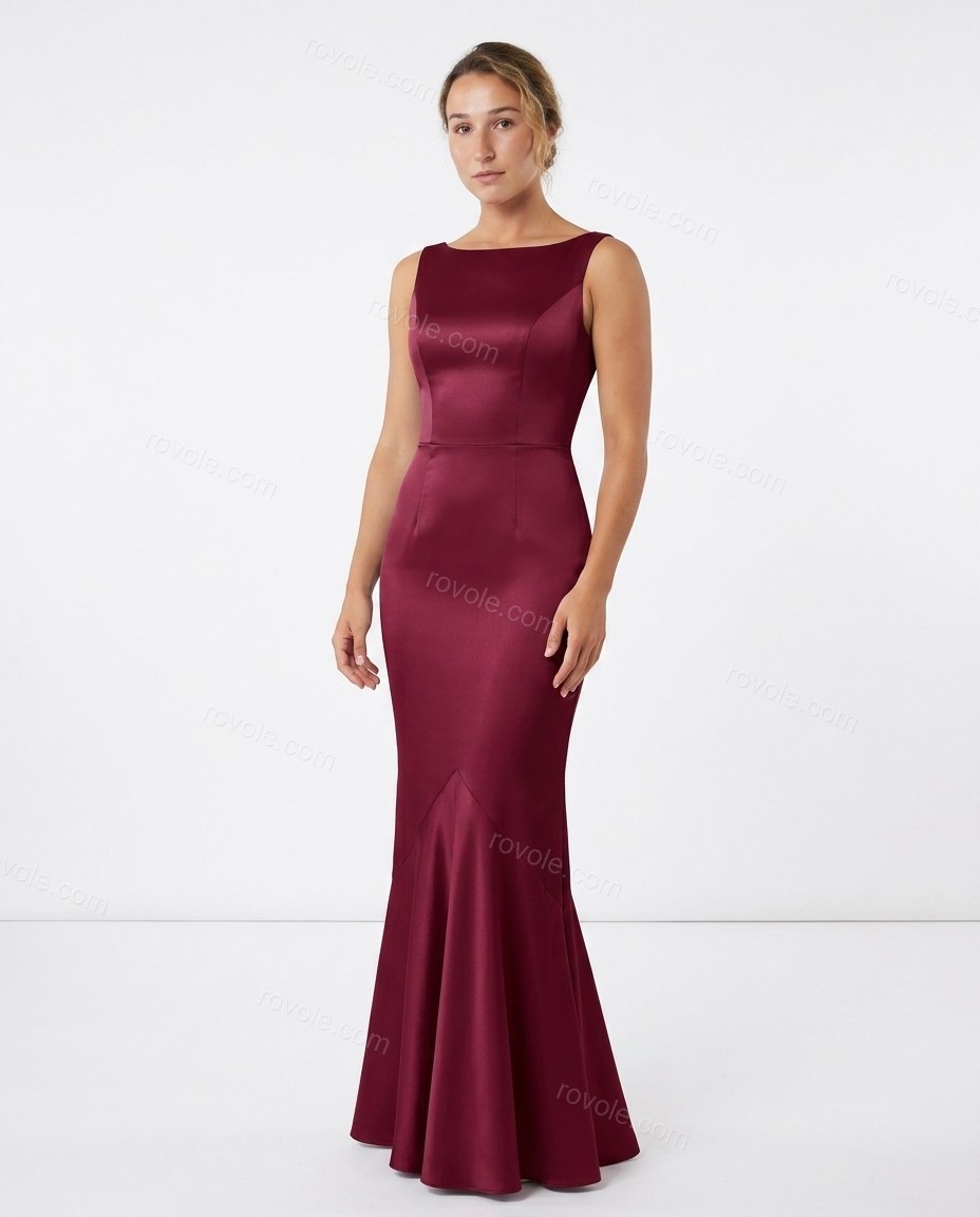 Burgundy Maxi Ruffled Satin Dress, front studio view, by rovole.com