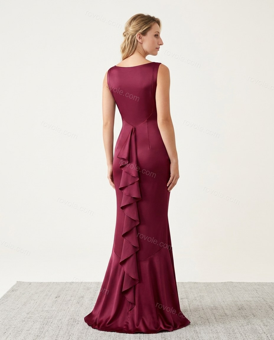 Burgundy Maxi Ruffled Satin Dress, back studio view, by rovole.com
