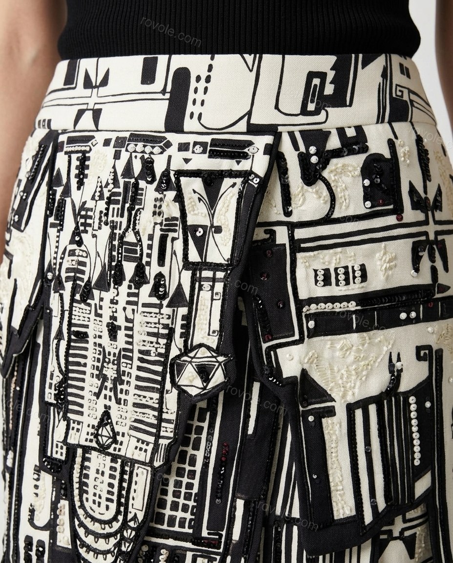 Black Geometric Midi Asymmetric Skirt Set, close-up of geometric, by rovole.com