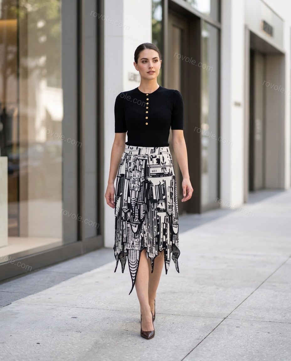 Black Geometric Midi Asymmetric Skirt Set, three-quarter brand lifestyle view, by rovole.com