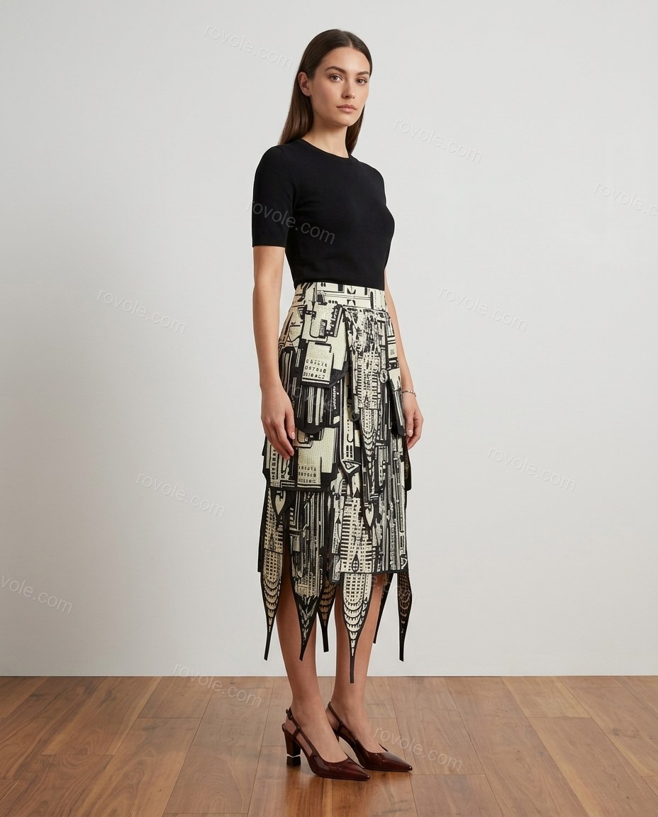 Black Geometric Midi Asymmetric Skirt Set, side and back studio view, by rovole.com