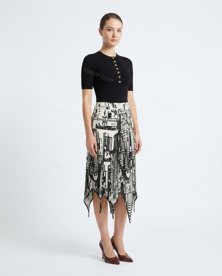 Black Geometric Midi Asymmetric Skirt Set, front studio view, by rovole.com
