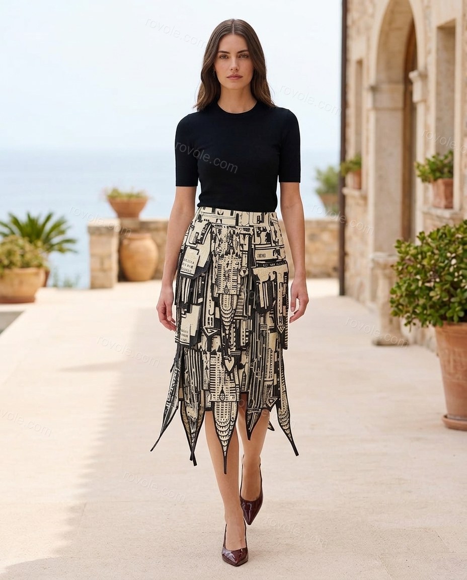 Black Geometric Midi Asymmetric Skirt Set, walking lifestyle view, by rovole.com