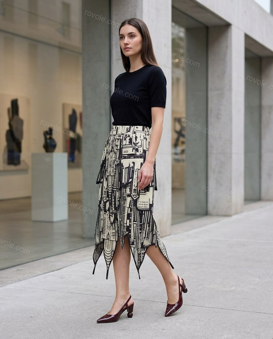 Black Geometric Midi Asymmetric Skirt Set, alternate use-case lifestyle view, by rovole.com
