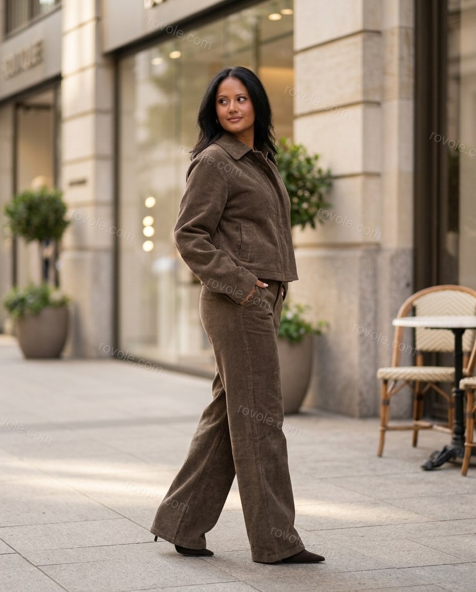 Brown Corduroy Pants Set, walking lifestyle view, by rovole.com