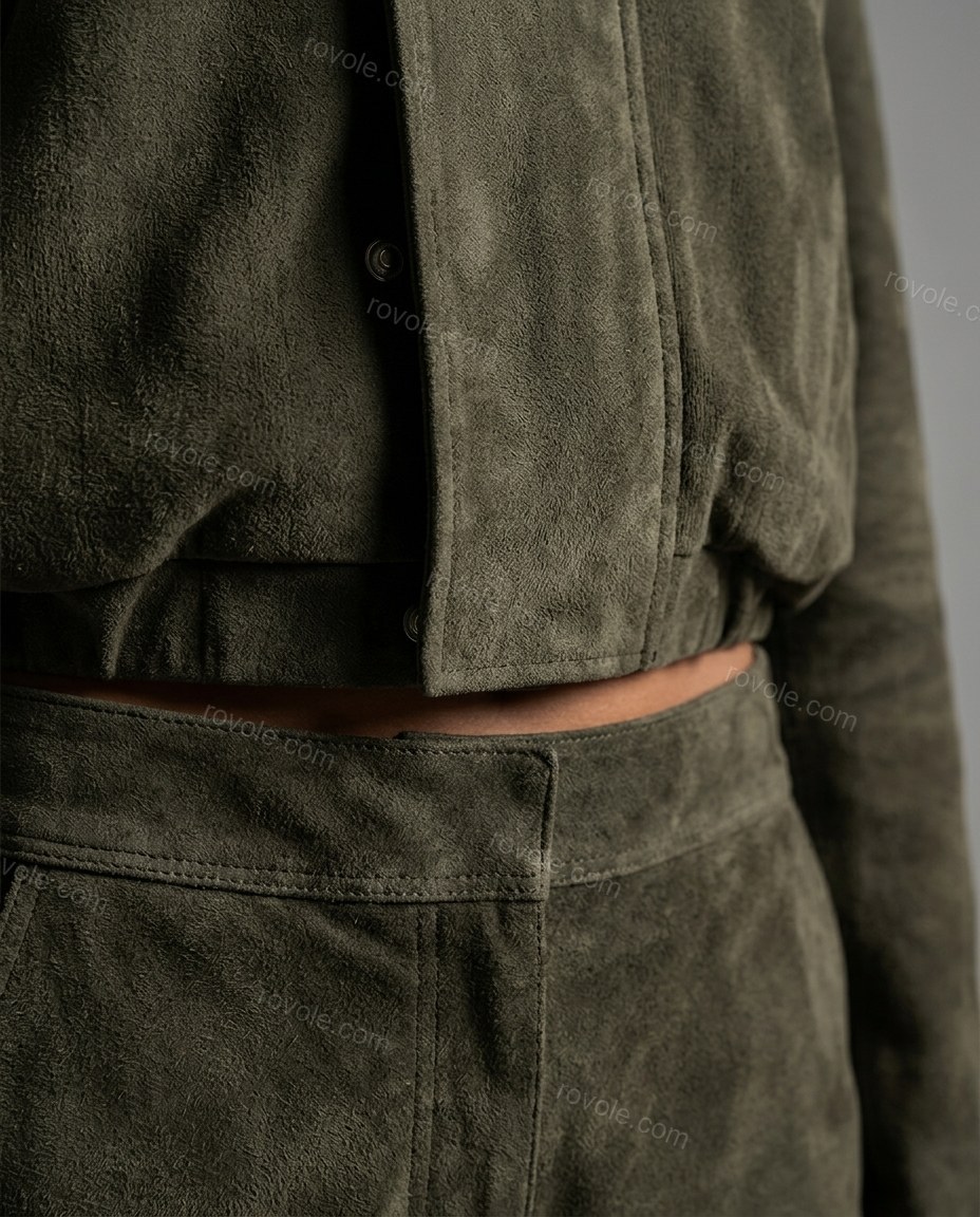 Brown Corduroy Pants Set, close-up of button-front jacket, patch pockets on jacket and wide-leg pants, by rovole.com