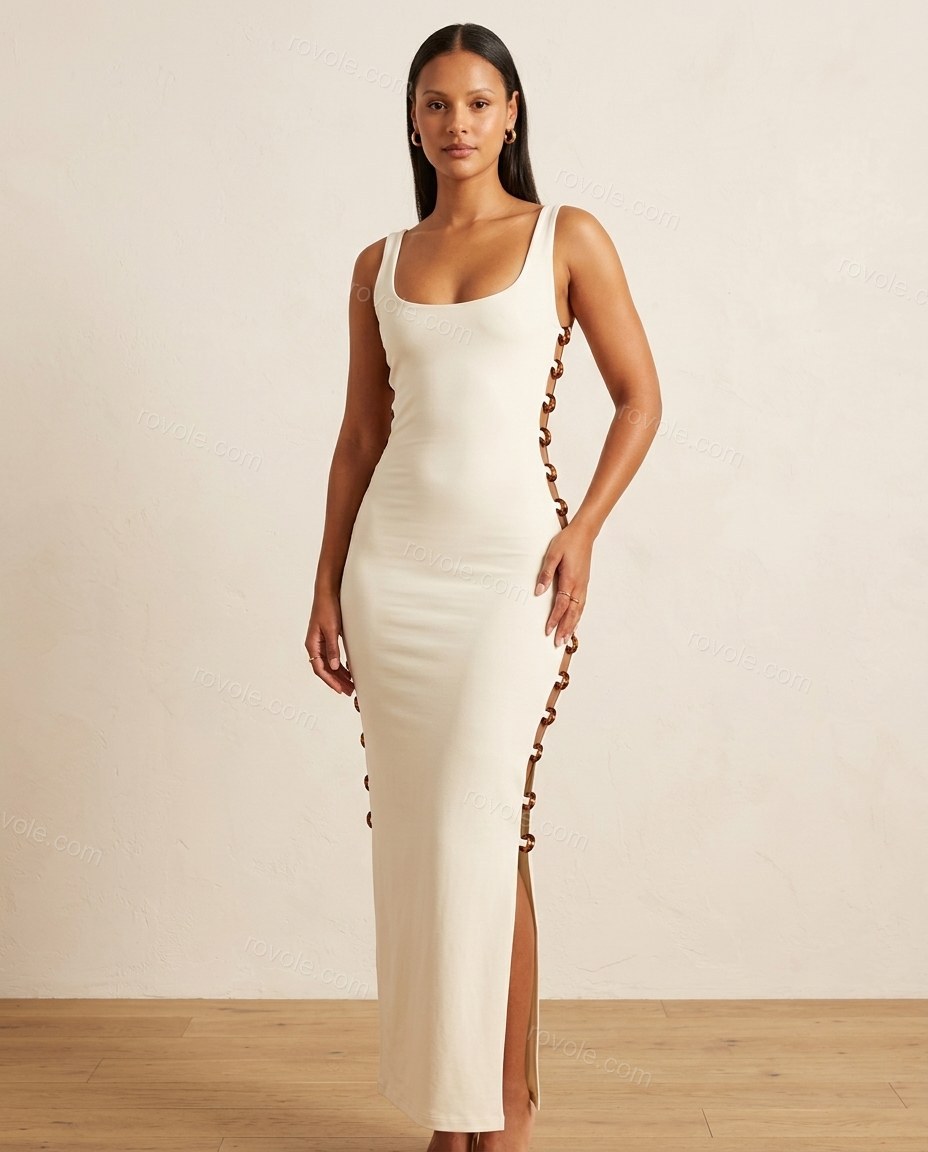 Off-white Maxi Knit Dress, full-length hero view, by rovole.com