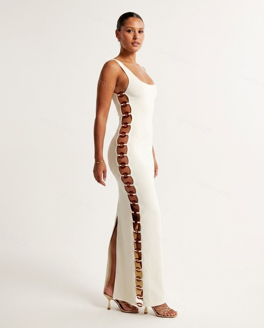 Off-white Maxi Knit Dress, side and back studio view showing back mirrors the front with side-seam ring cutouts, by rovole.com