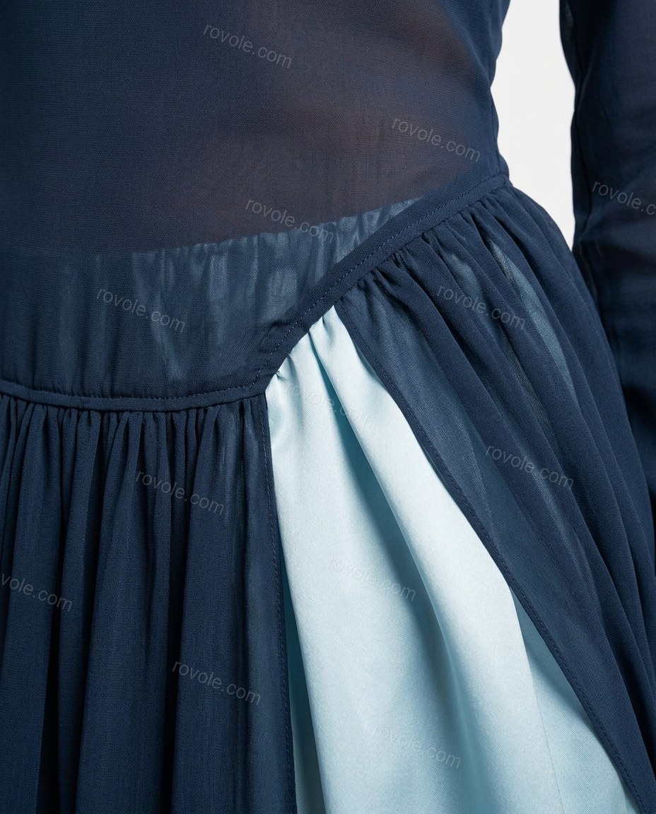 Blue Maxi Chiffon Satin Dress, close-up of light blue accents, high slit and layered skirt, by rovole.com