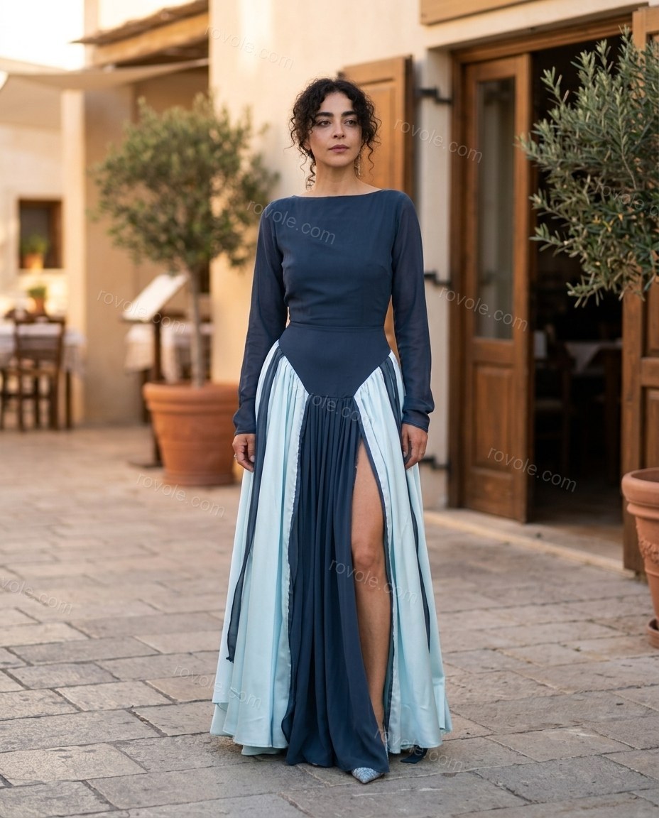 Blue Maxi Chiffon Satin Dress, alternate use-case lifestyle view, by rovole.com