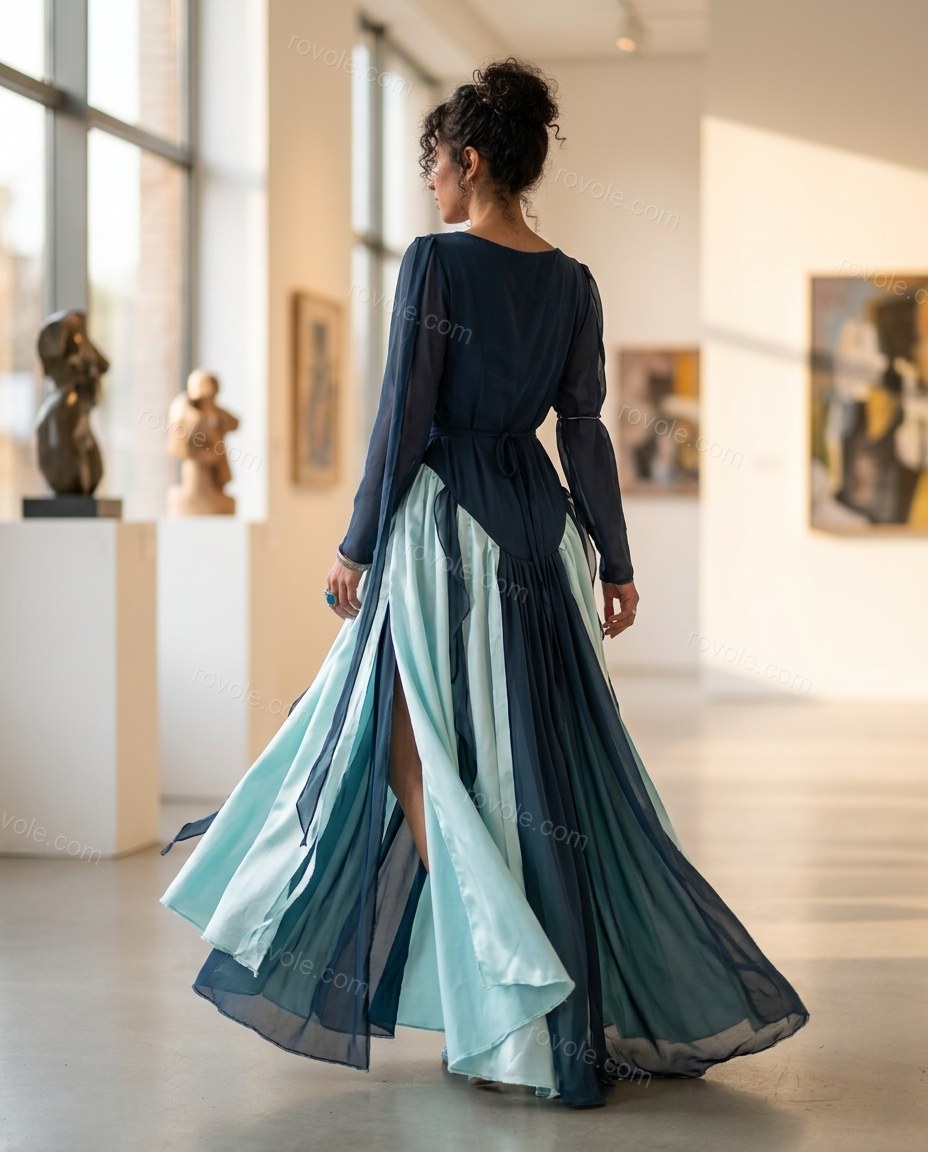 Blue Maxi Chiffon Satin Dress, walking lifestyle view, by rovole.com