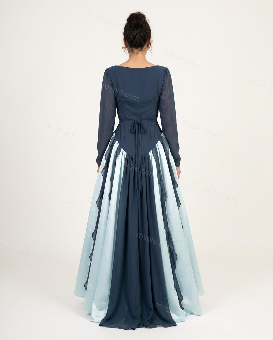 Blue Maxi Chiffon Satin Dress, back studio view, by rovole.com