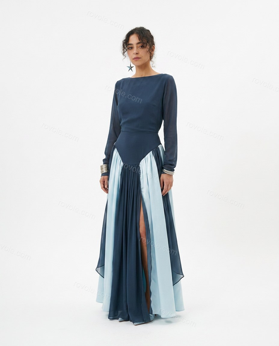 Blue Maxi Chiffon Satin Dress, front studio view, by rovole.com