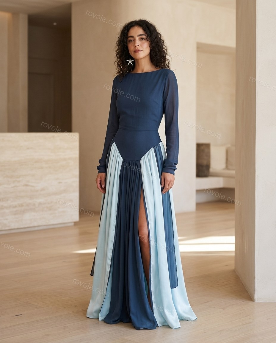 Blue Maxi Chiffon Satin Dress, full-length hero view, by rovole.com
