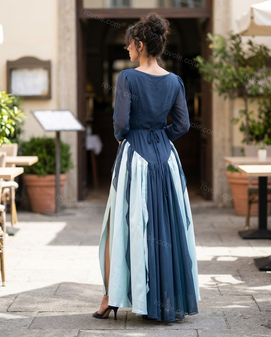 Blue Maxi Chiffon Satin Dress, three-quarter brand lifestyle view, by rovole.com