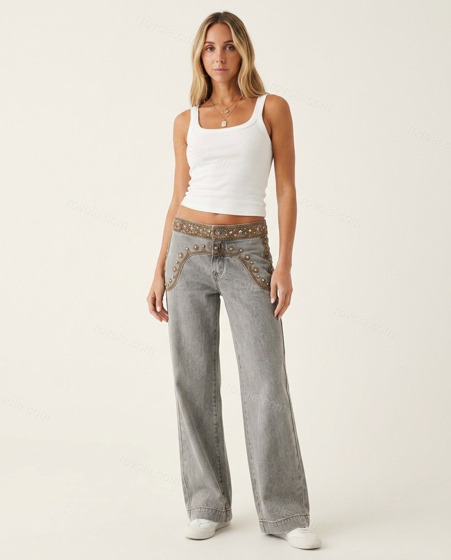 Grey Embroidered Denim Pants, front studio view, by rovole.com