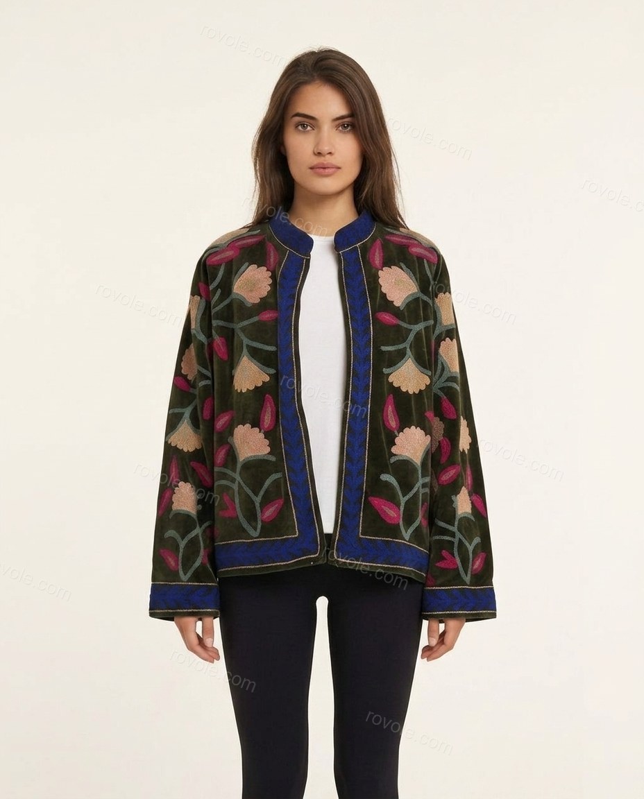 Olive Green Floral Embroidered Velvet Two-Piece Set, front studio view, by rovole.com