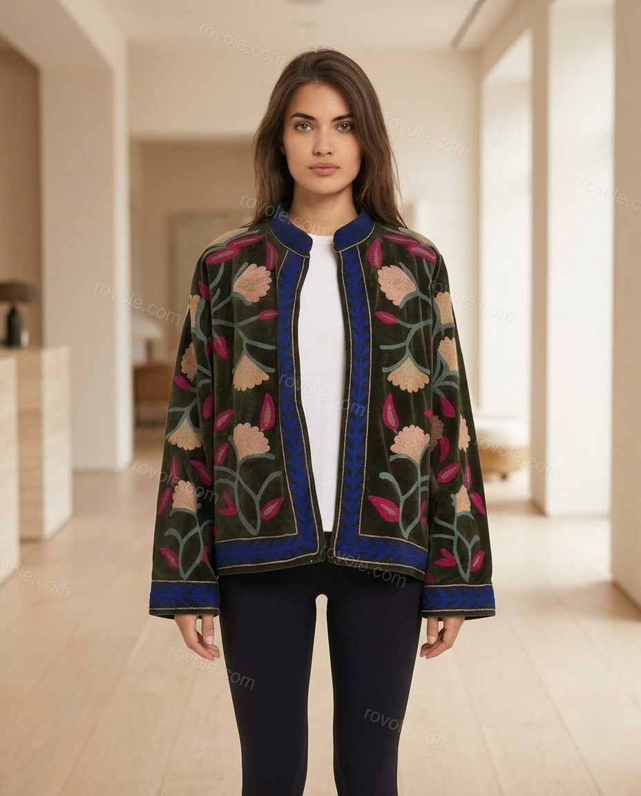 Olive Green Floral Embroidered Velvet Two-Piece Set, full-length hero view, by rovole.com