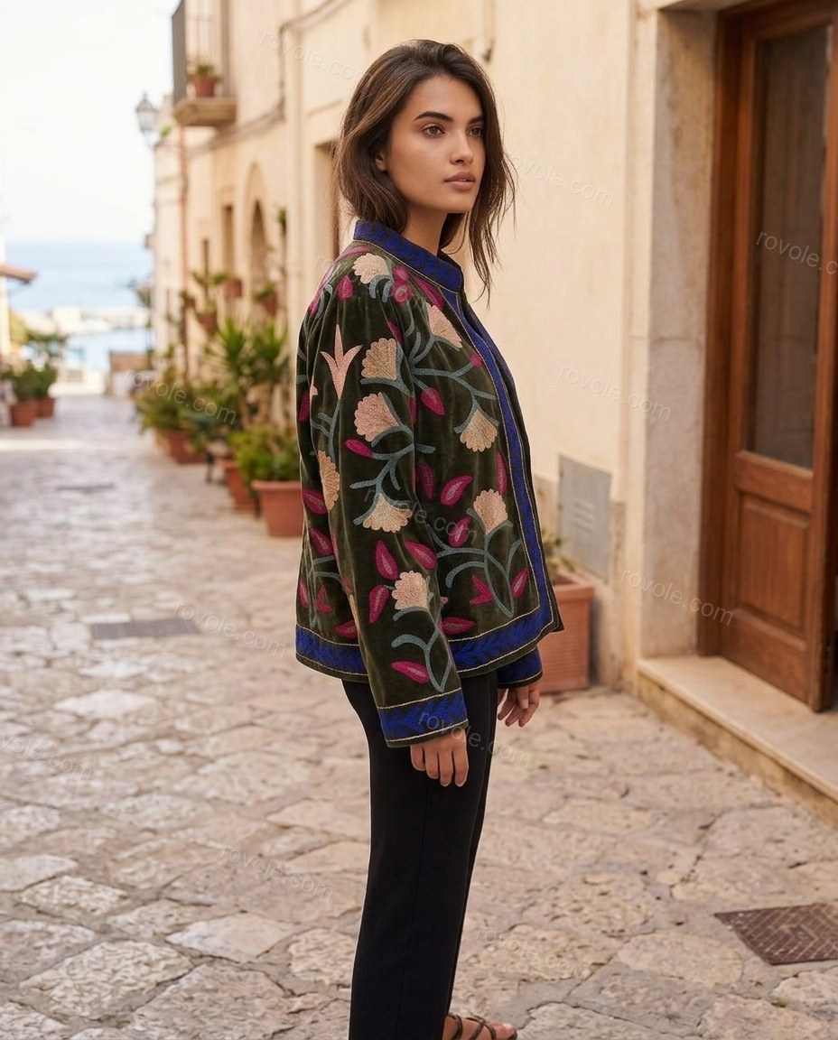 Olive Green Floral Embroidered Velvet Two-Piece Set, alternate use-case lifestyle view, by rovole.com