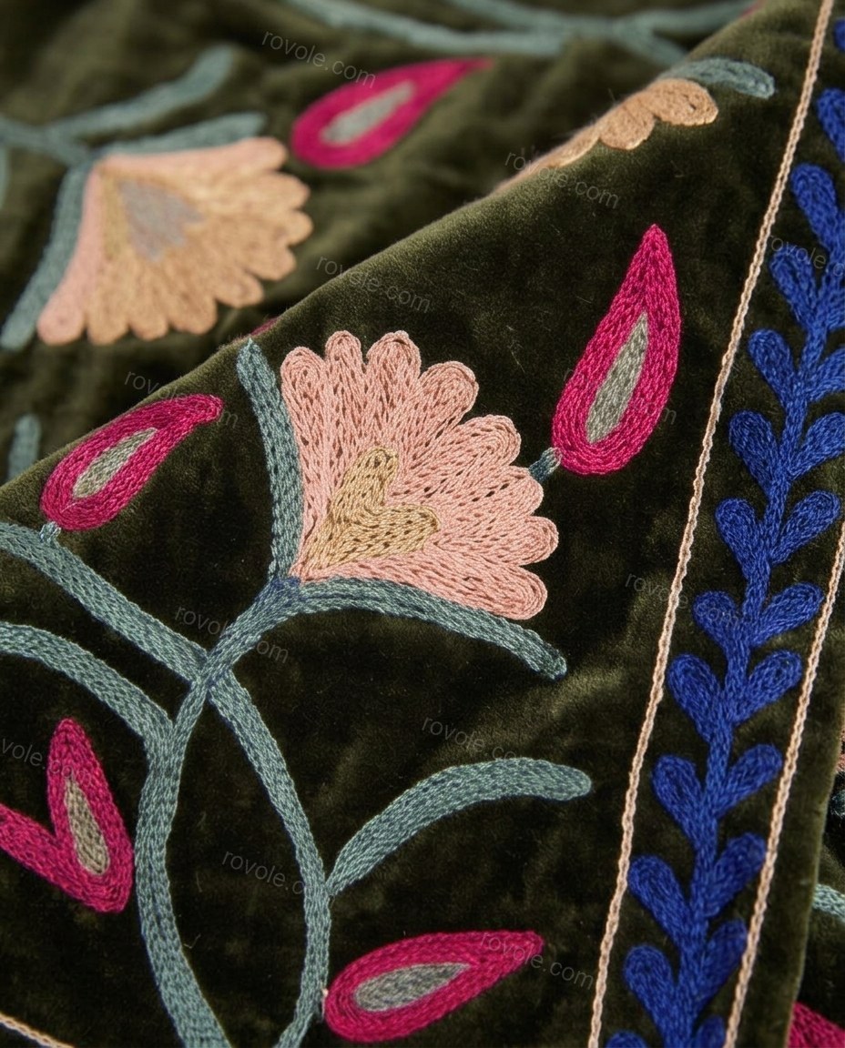 Olive Green Floral Embroidered Velvet Two-Piece Set, close-up of floral embroidery, by rovole.com