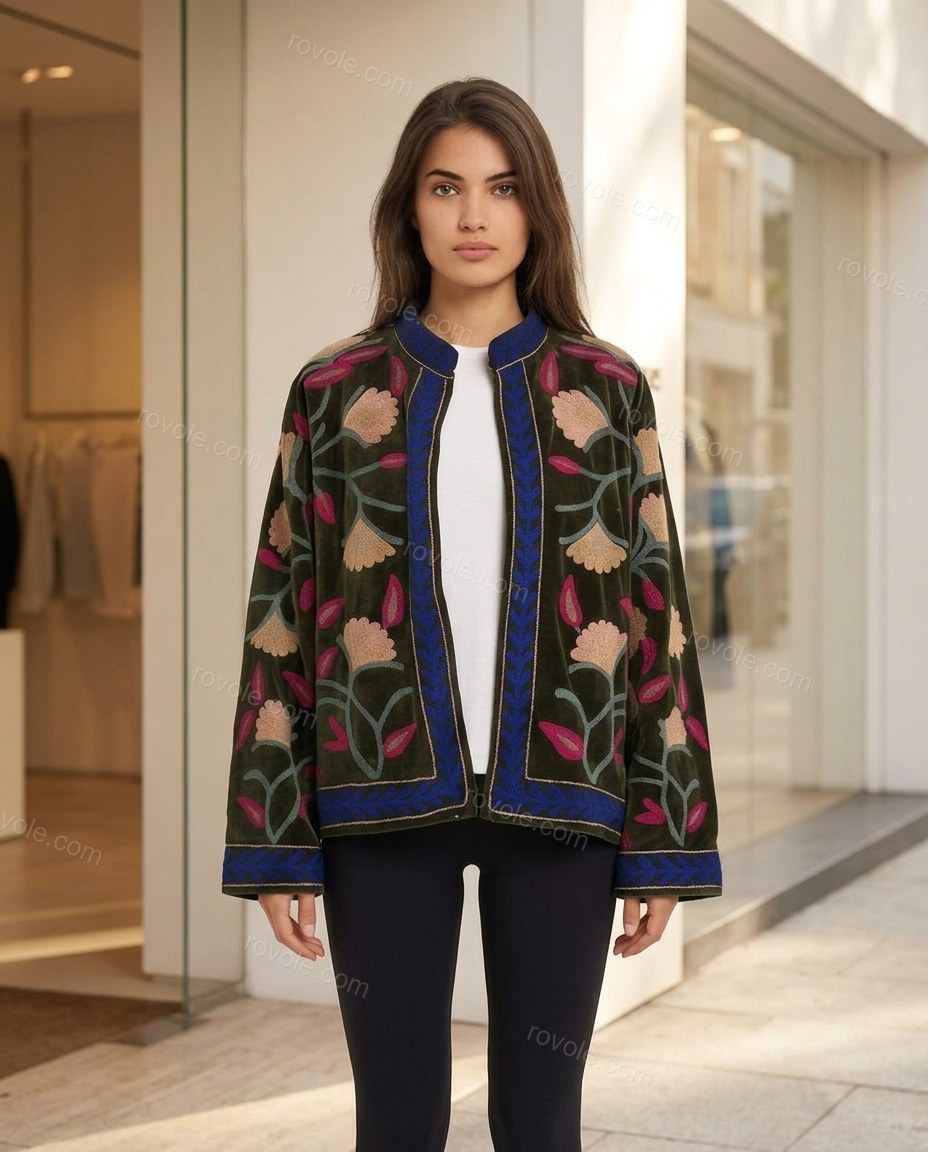 Olive Green Floral Embroidered Velvet Two-Piece Set, three-quarter brand lifestyle view, by rovole.com