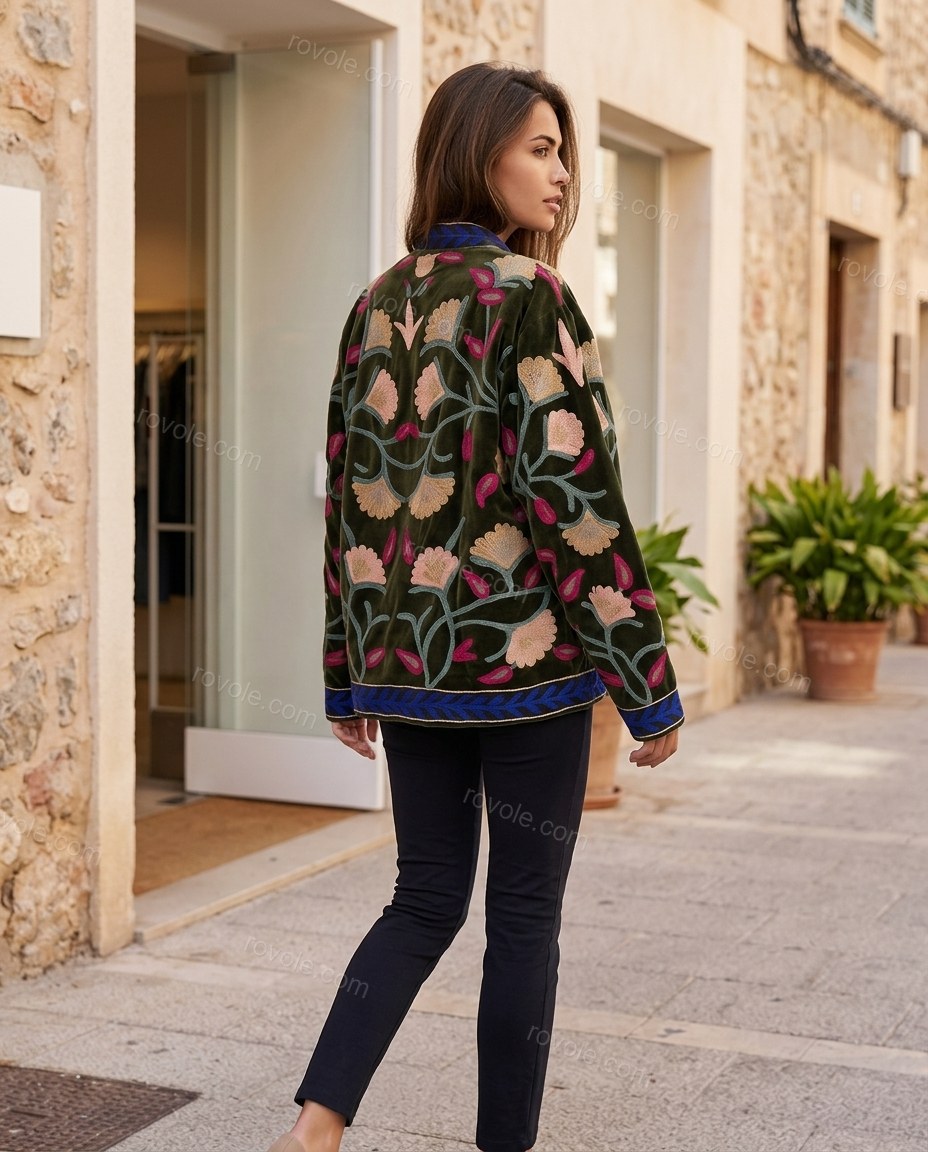 Olive Green Floral Embroidered Velvet Two-Piece Set, movement and fit lifestyle view, by rovole.com