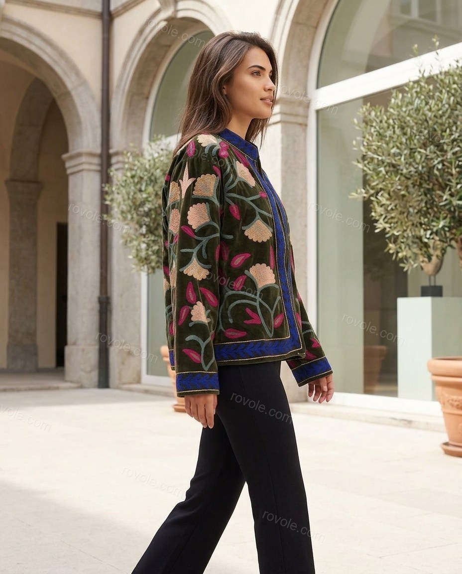 Olive Green Floral Embroidered Velvet Two-Piece Set, walking lifestyle view, by rovole.com