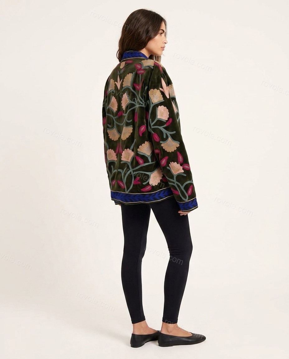 Olive Green Floral Embroidered Velvet Two-Piece Set, back studio view, by rovole.com