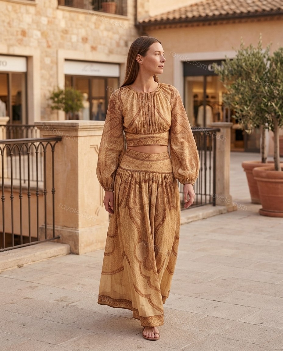 Beige Paisley Maxi Skirt Set, movement and fit lifestyle view, by rovole.com