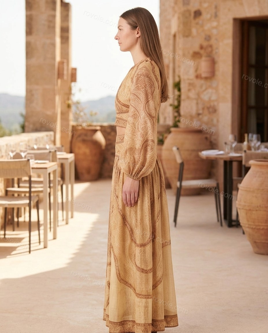 Beige Paisley Maxi Skirt Set, walking lifestyle view, by rovole.com