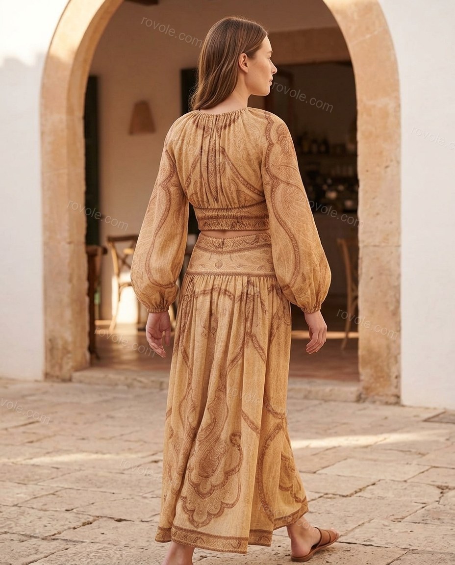 Beige Paisley Maxi Skirt Set, alternate use-case lifestyle view, by rovole.com