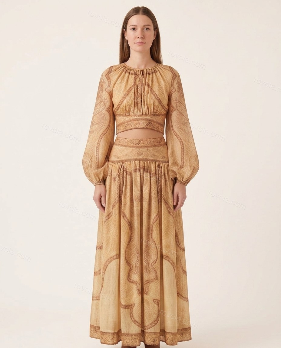 Beige Paisley Maxi Skirt Set, front studio view, by rovole.com