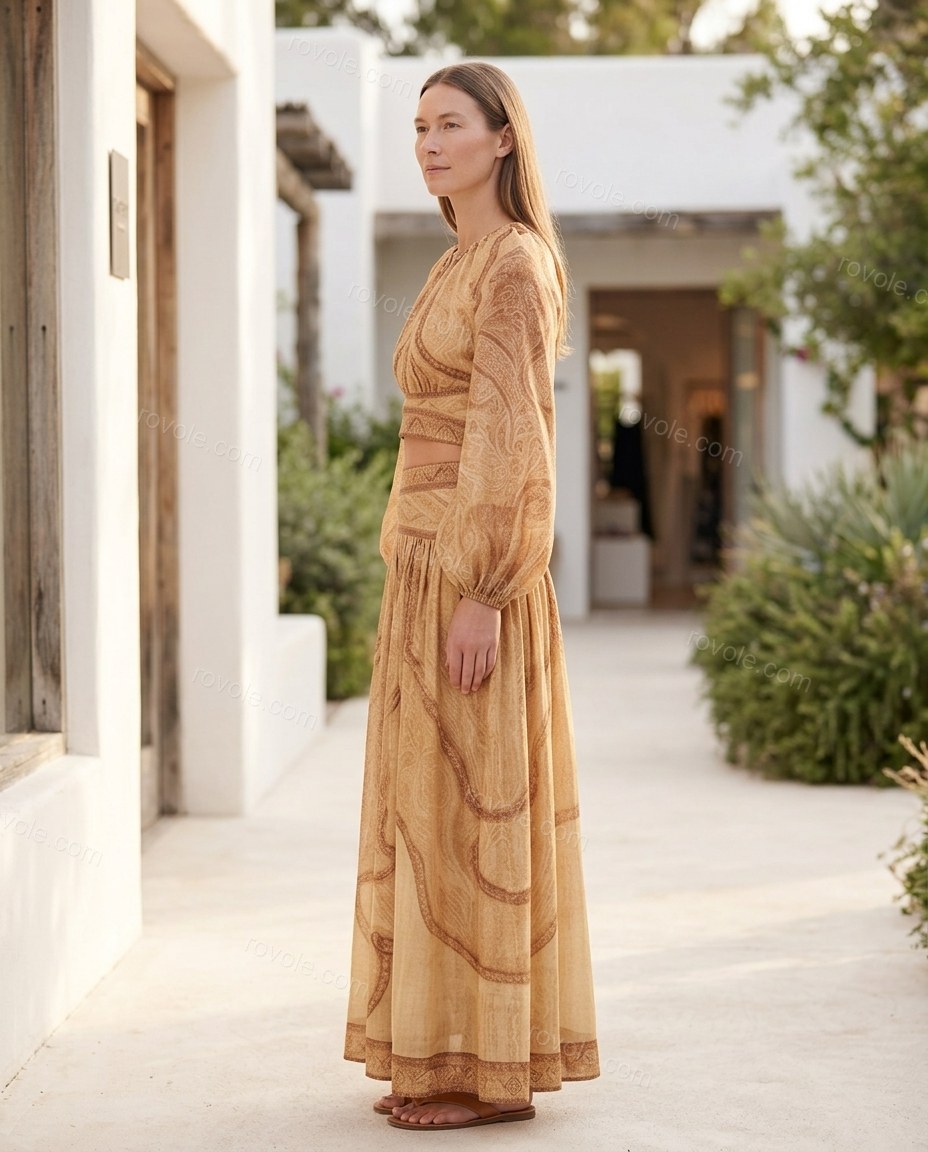 Beige Paisley Maxi Skirt Set, three-quarter brand lifestyle view, by rovole.com