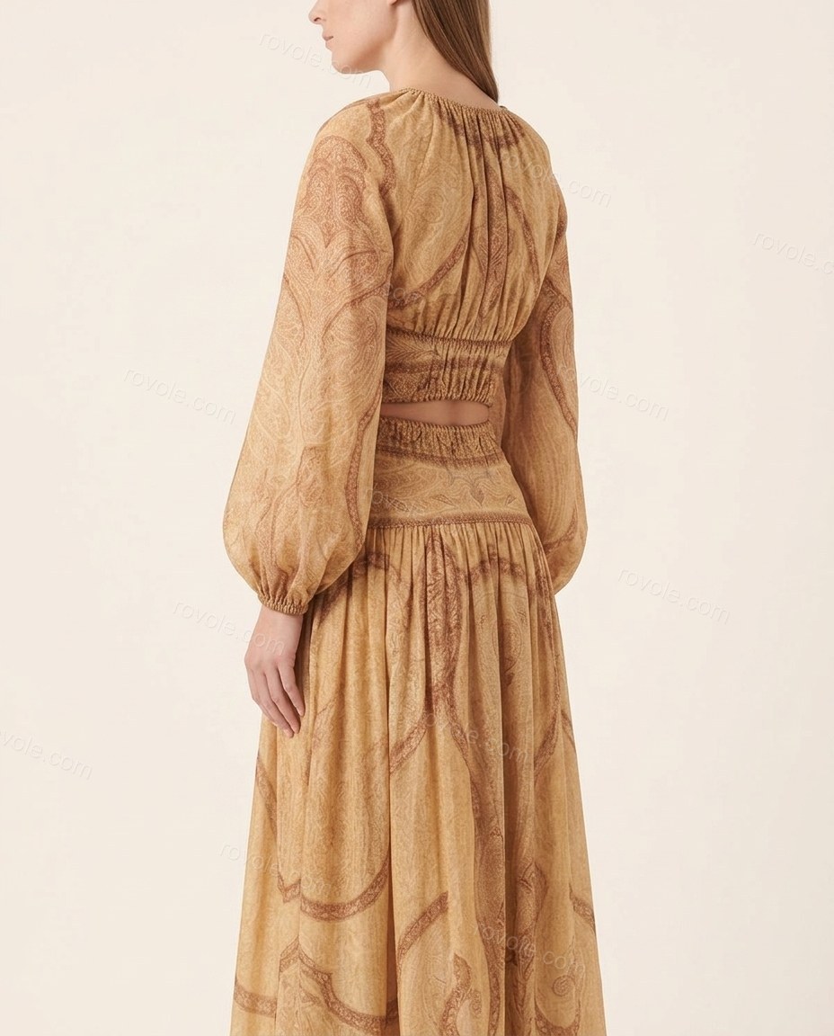 Beige Paisley Maxi Skirt Set, back studio view showing no visible back details, by rovole.com