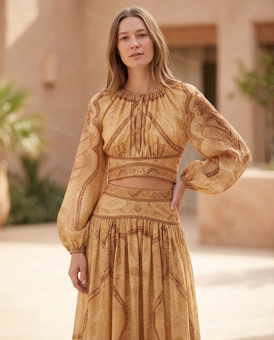Beige Paisley Maxi Skirt Set, full-length hero view, by rovole.com
