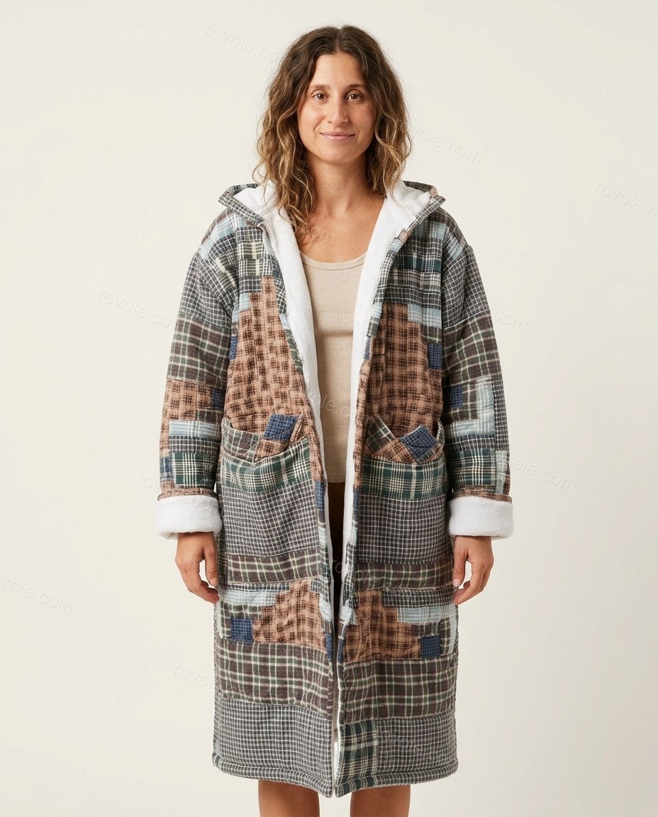 Brown Patchwork Cotton Coat, front studio view, by rovole.com