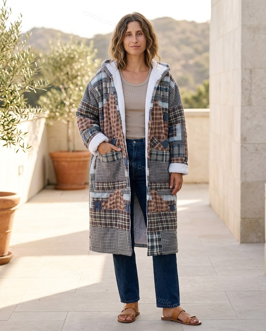 Brown Patchwork Cotton Coat, full-length hero view, by rovole.com