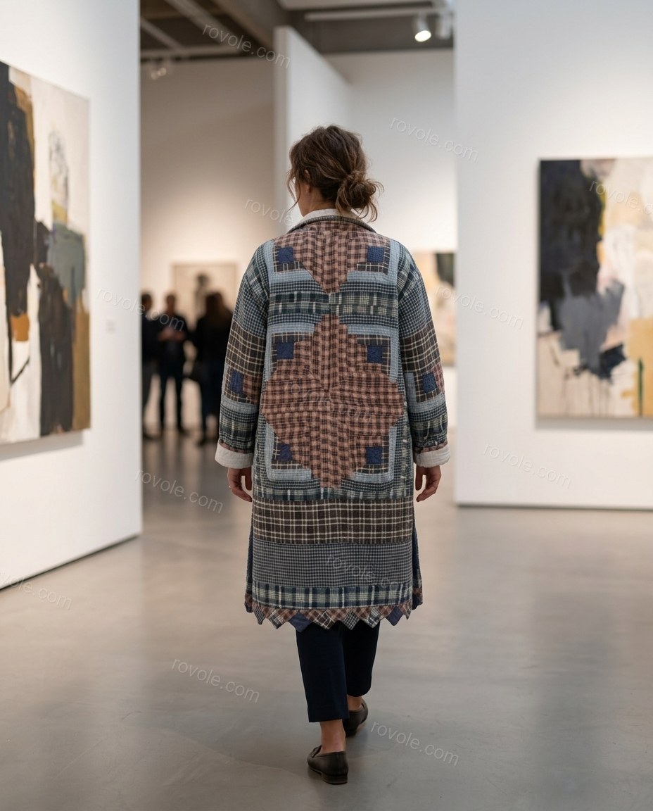 Brown Patchwork Cotton Coat, movement and fit lifestyle view, by rovole.com