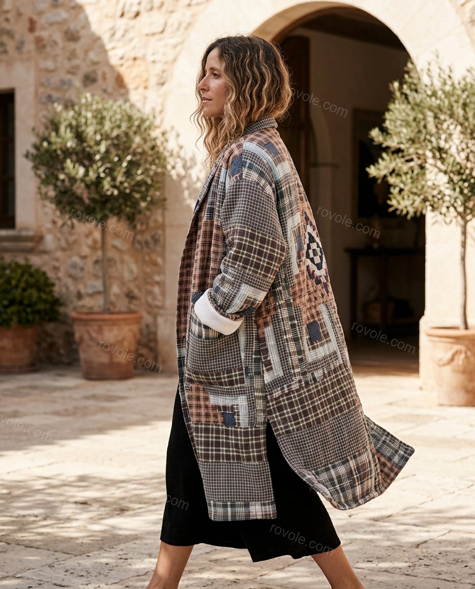 Brown Patchwork Cotton Coat, walking lifestyle view, by rovole.com