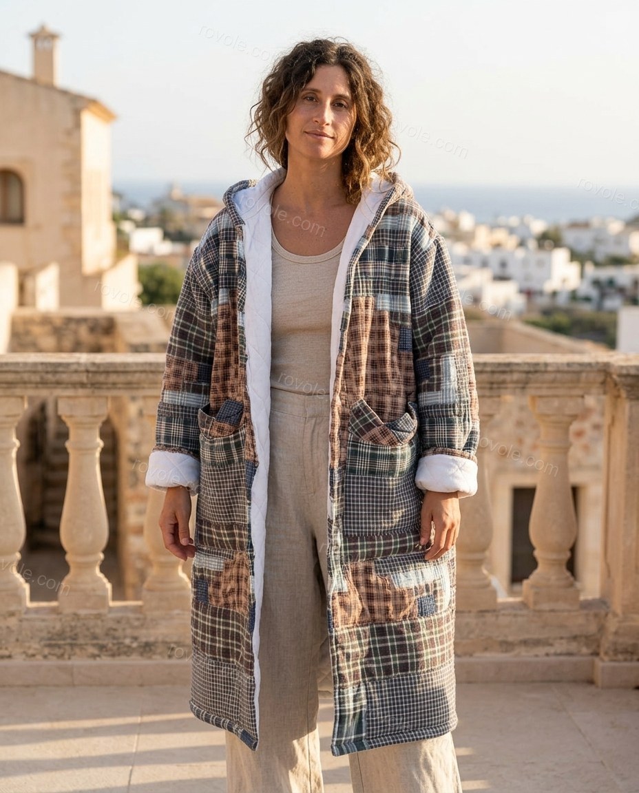 Brown Patchwork Cotton Coat, three-quarter brand lifestyle view, by rovole.com