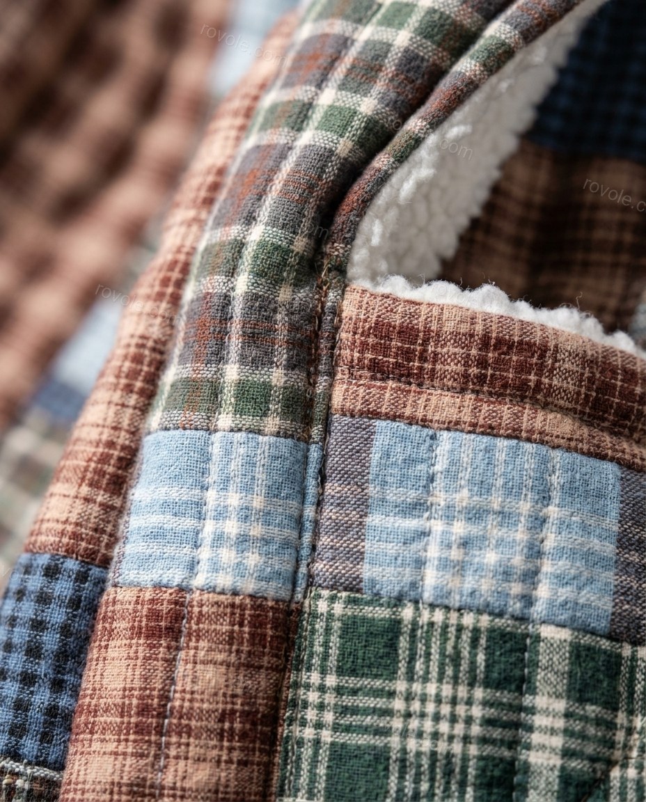 Brown Patchwork Cotton Coat, close-up of patchwork, by rovole.com