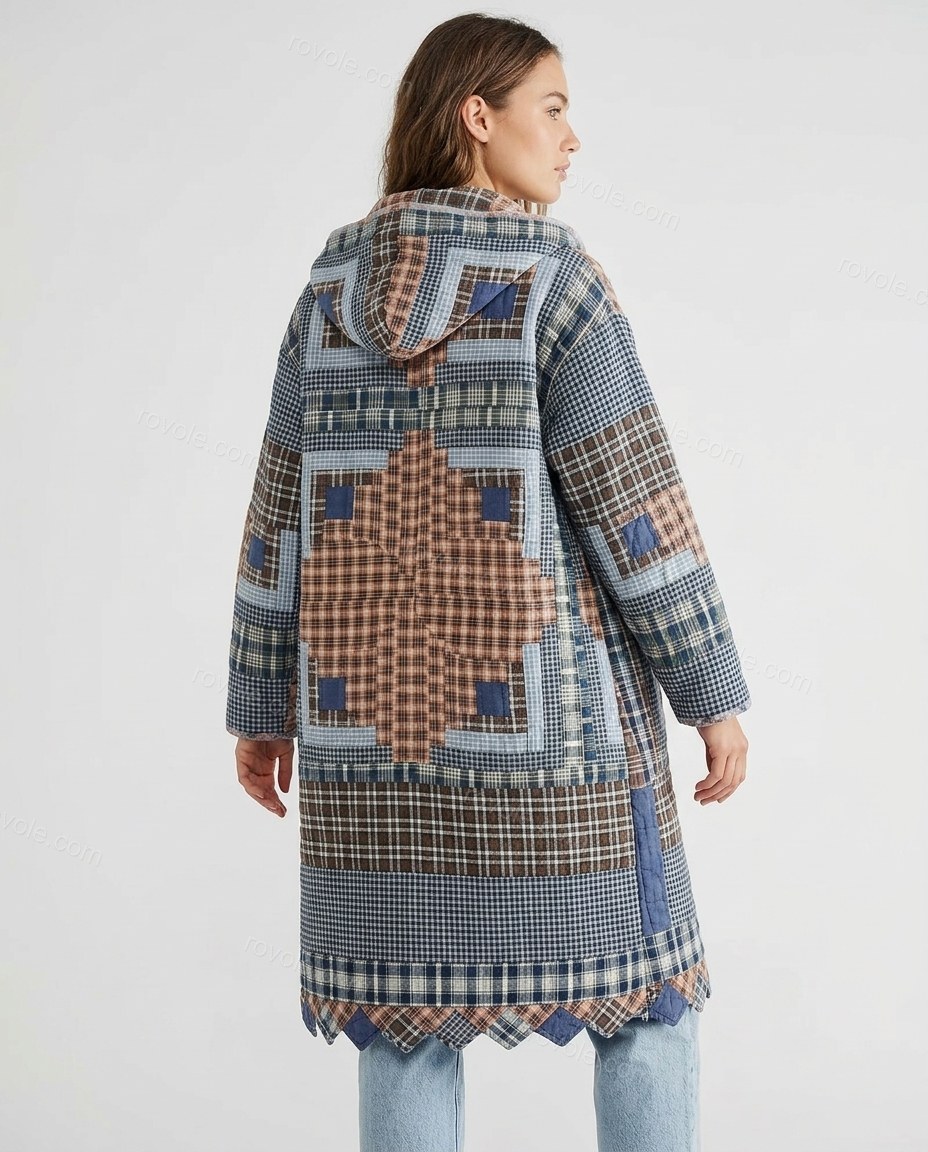 Brown Patchwork Cotton Coat, back studio view showing back panel features a plaid design, by rovole.com