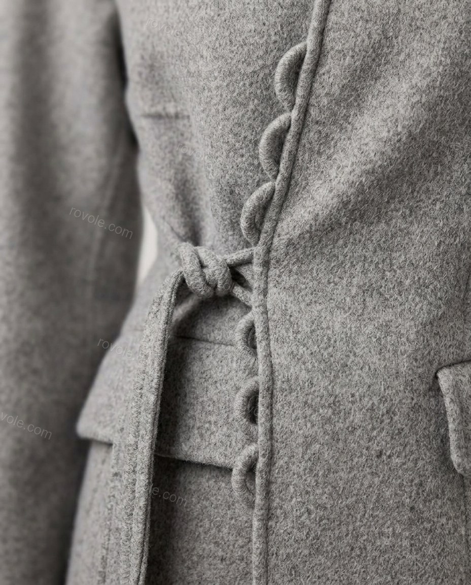 Gray Jacket, close-up of wrap closure, tie waist and decorative loops, by rovole.com