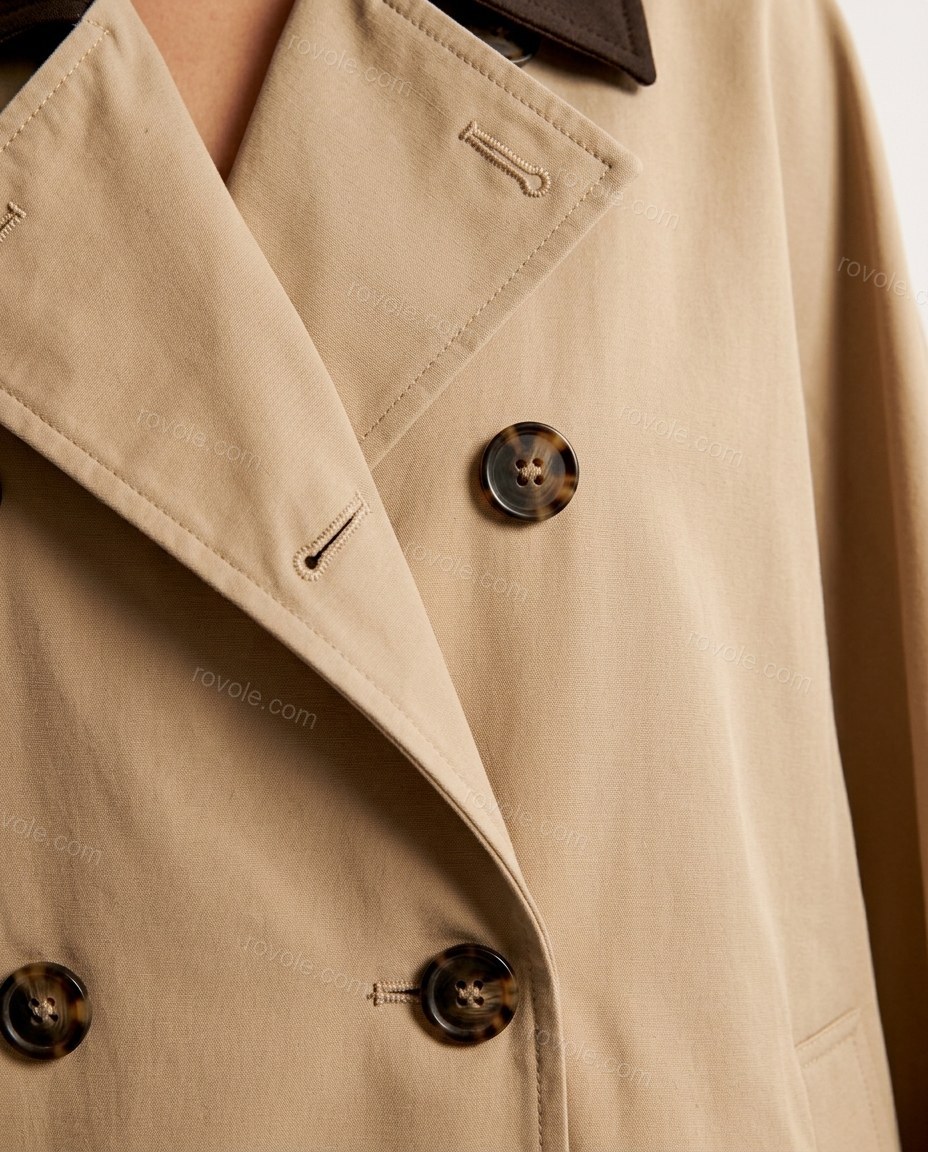 Beige Cape Blouse, close-up of dark brown accents, double-breasted button closure and contrasting collar, by rovole.com