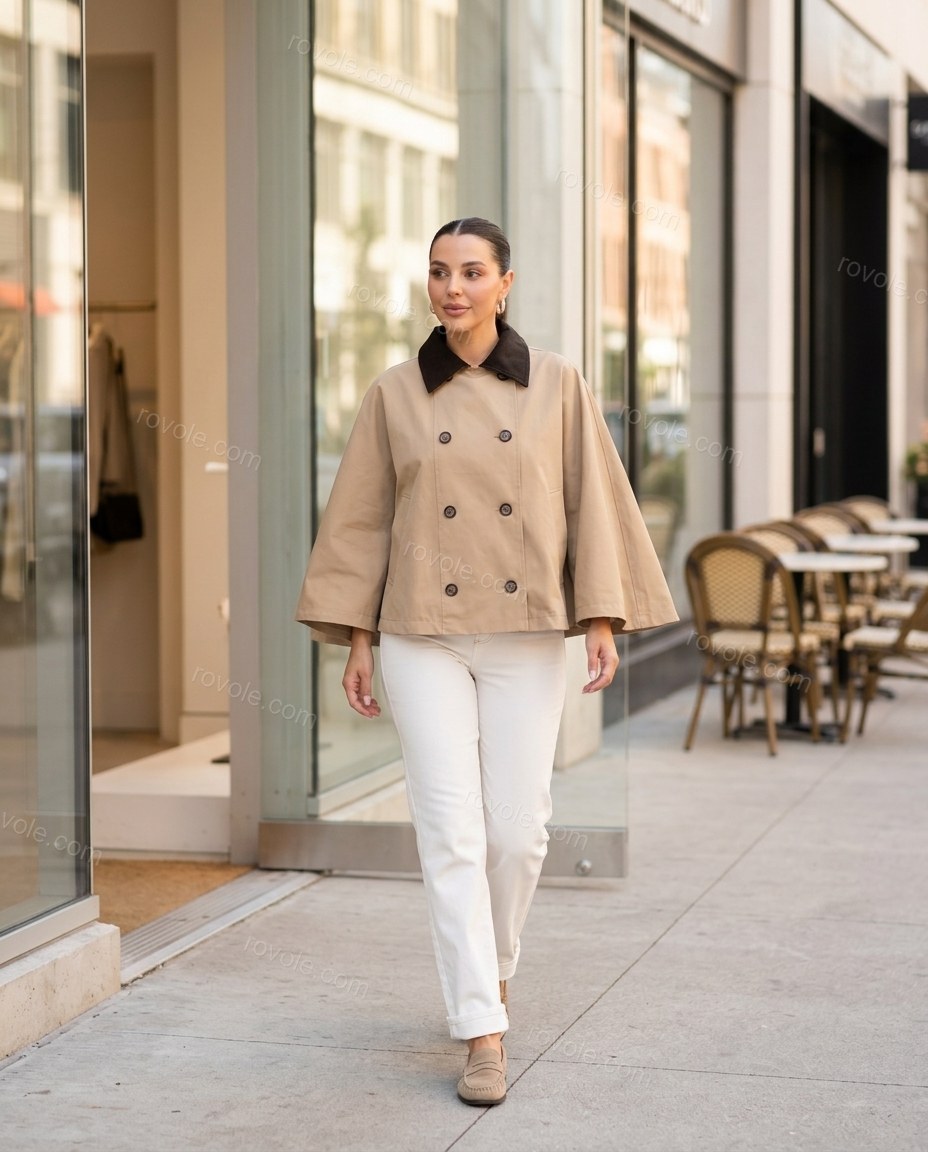 Beige Cape Blouse, three-quarter brand lifestyle view, by rovole.com
