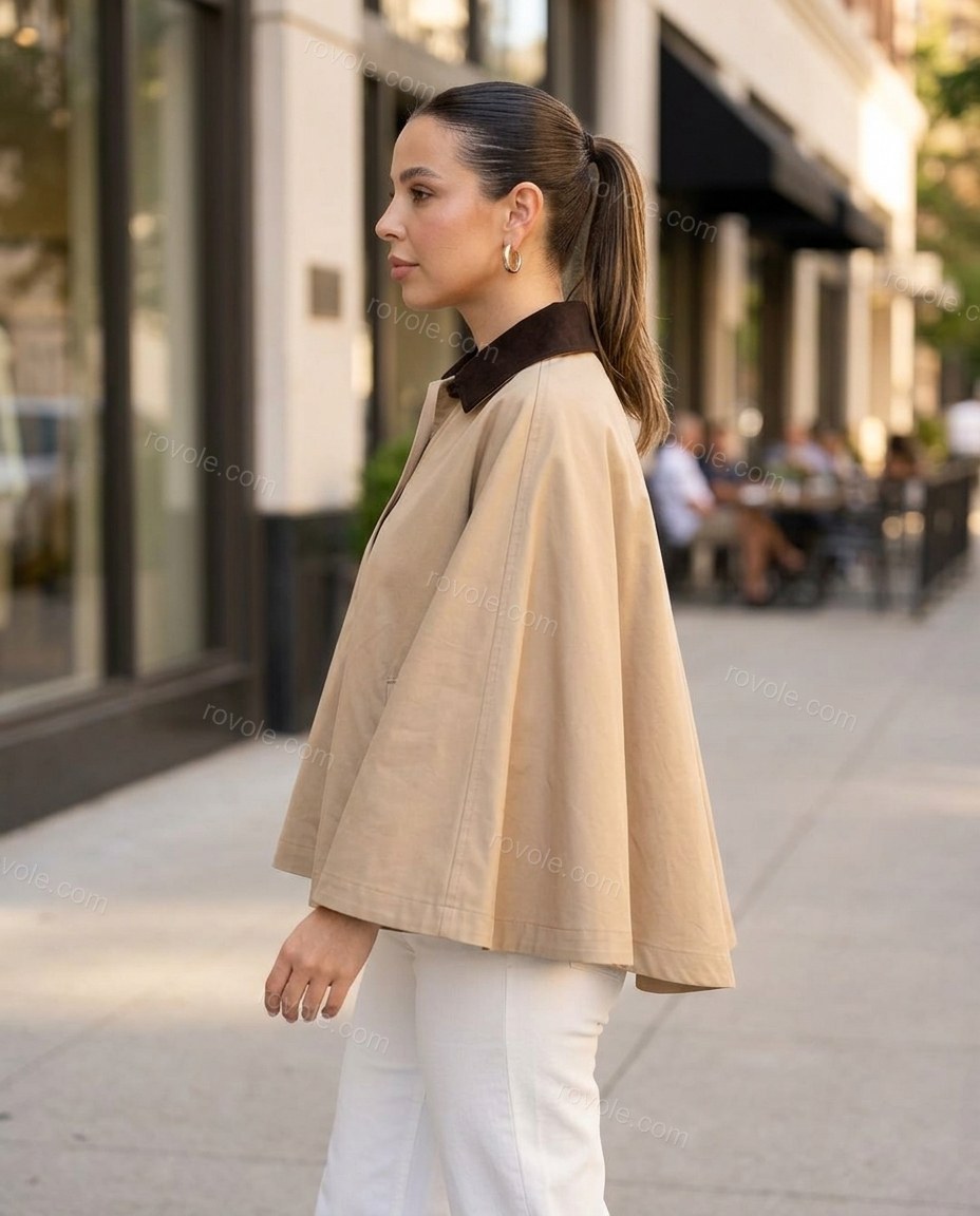 Beige Cape Blouse, walking lifestyle view, by rovole.com
