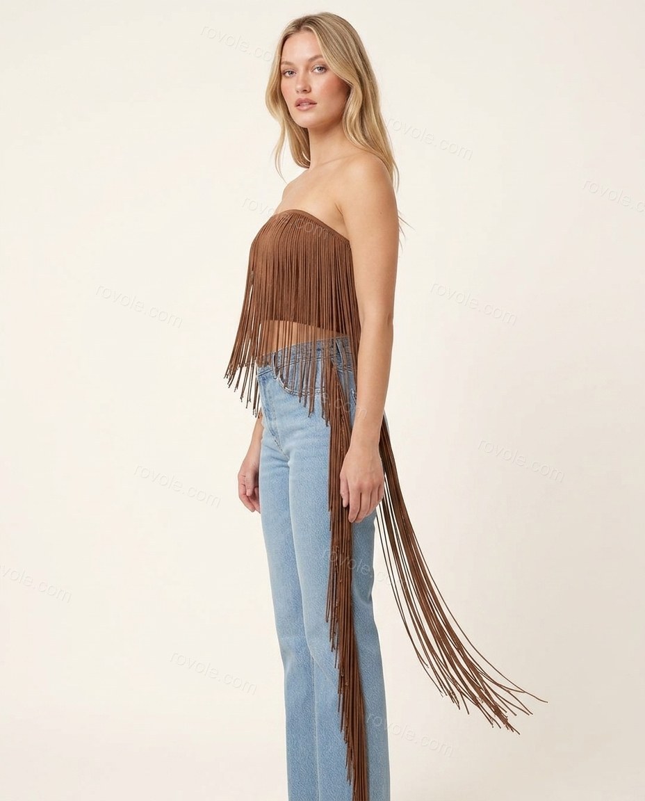 Brown Strapless Fringe Knit Two-Piece Set, side and back studio view, by rovole.com