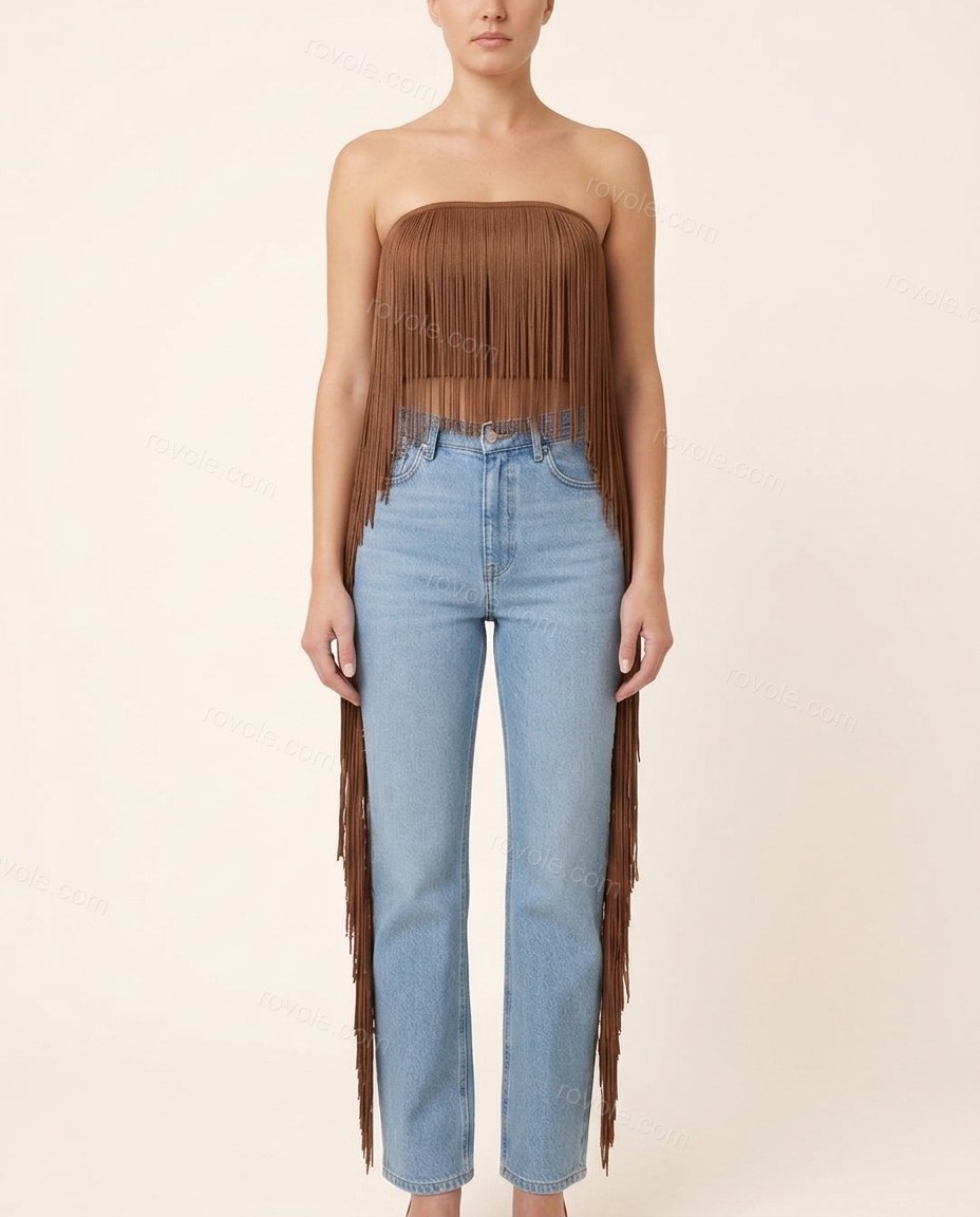 Brown Strapless Fringe Knit Two-Piece Set, front studio view, by rovole.com